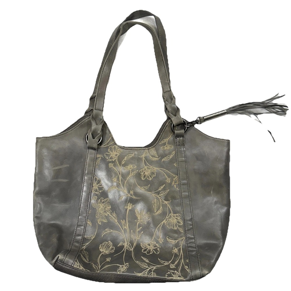 The Sak Sierra Leather Shopper Tote Bag Dark Gray Floral Dual Shoulder Straps